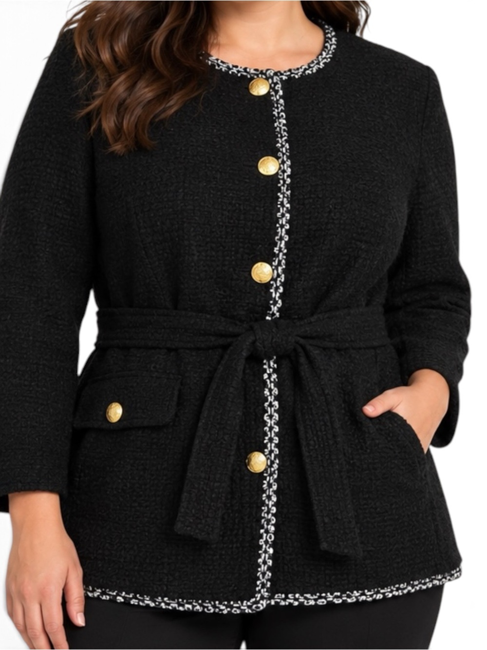 Talbots Plus 18W Black Boucle Jacket Gold Buttons Belted NWT